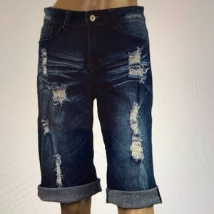 L&B Medium Wash Mid Rise Bermuda Distress Shorts